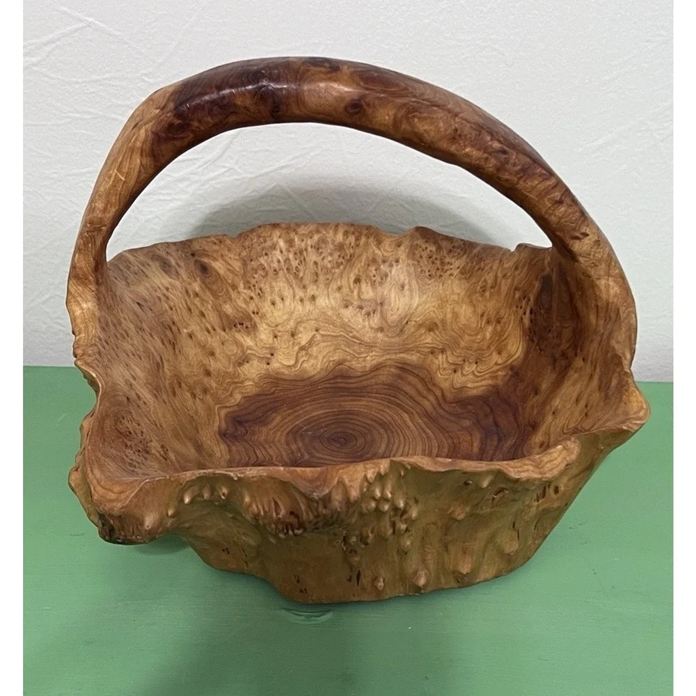 MCM Hand Carved Burl Wood Basket Handle Knobby Unique Boho Cabin Nature VTG‎